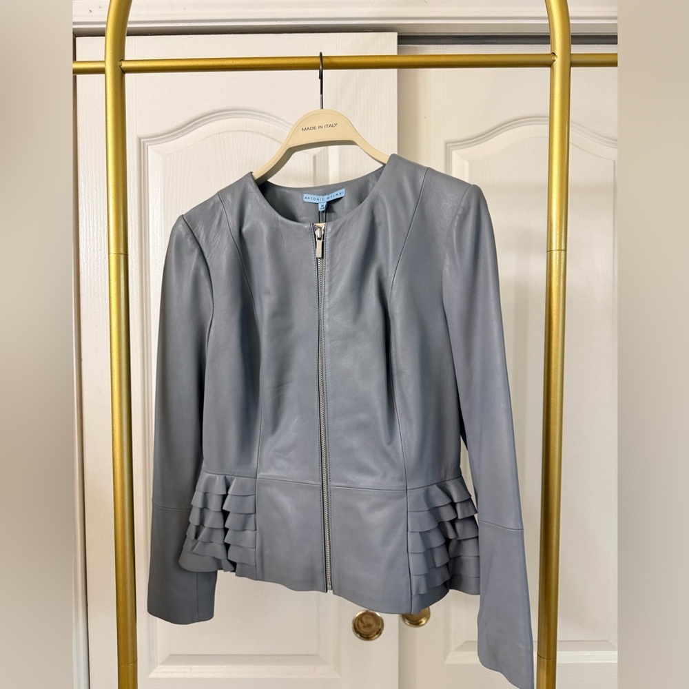 ANTONIO MELANI Gray Blue Leather Jacket with Ruffle Accents / boho chic - New
